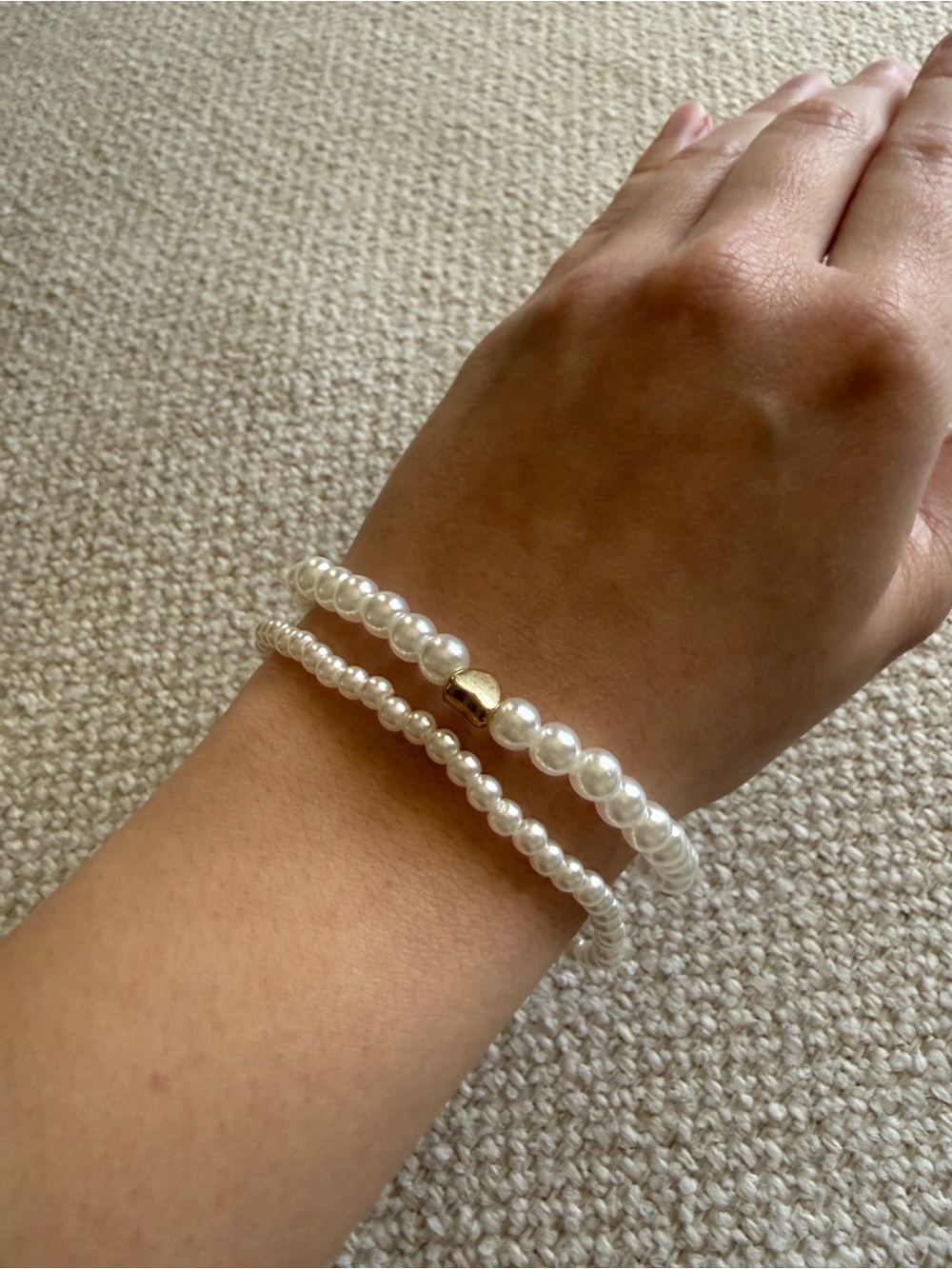 Dainty Faux Pearl Bracelet Stack With Gold Heart Charm